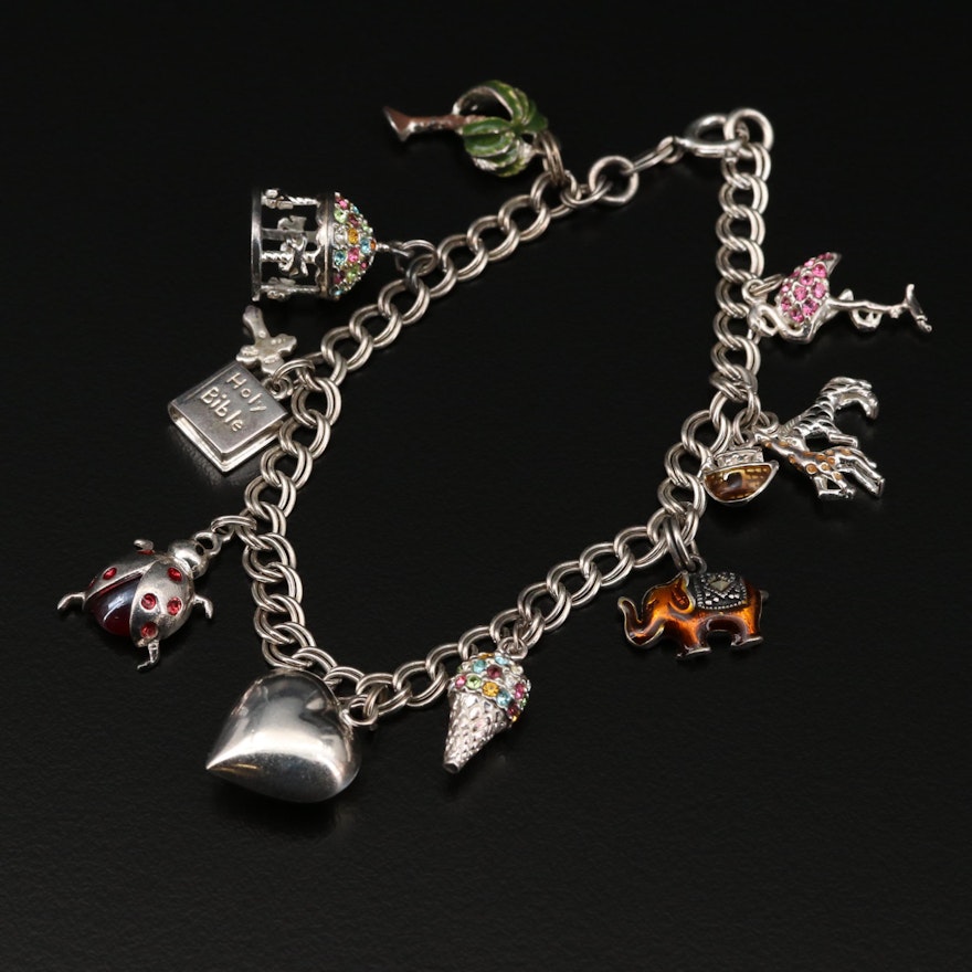 Sterling Silver Charm Bracelet Including Marcasite, Glass and Enamel