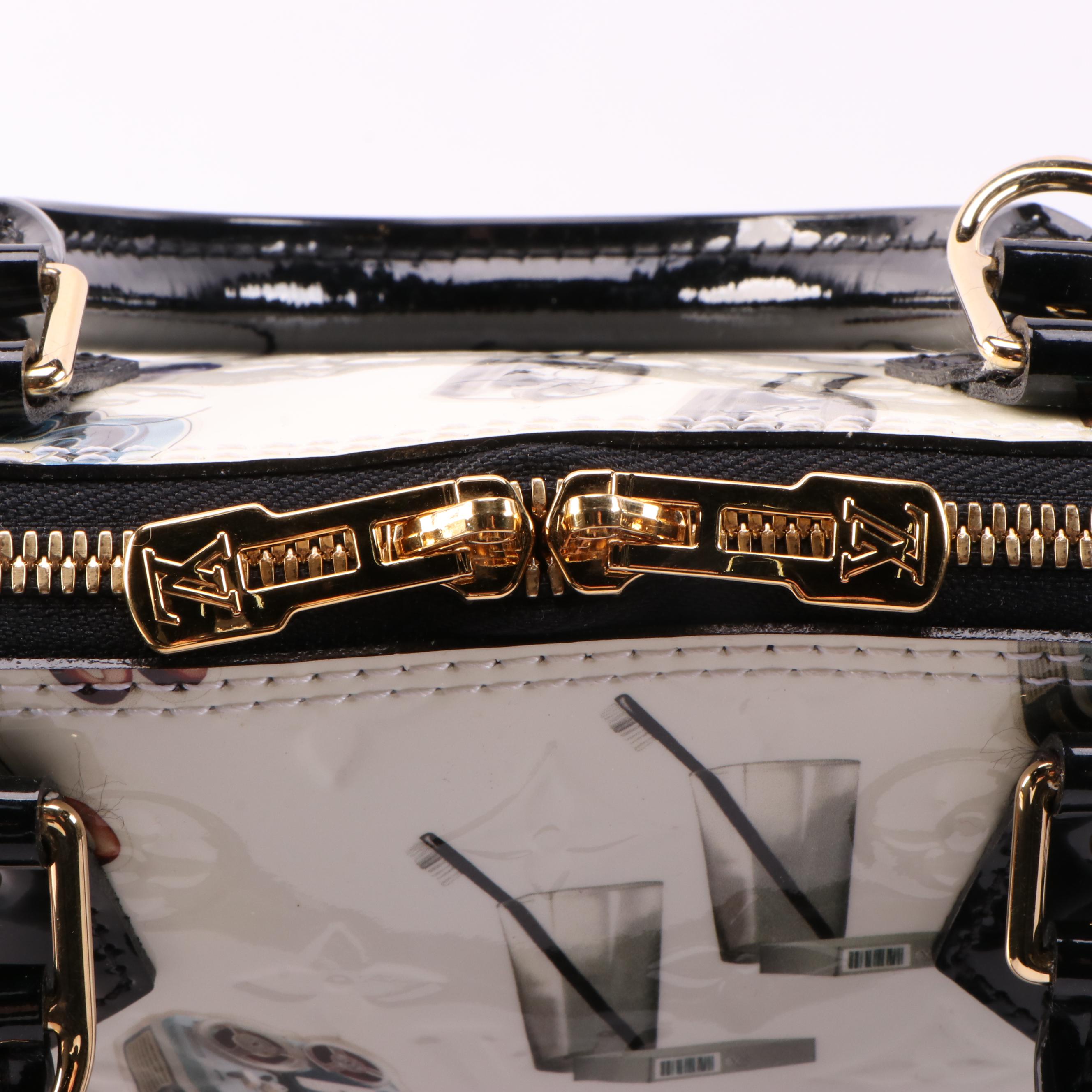 Louis Vuitton Alma PM Bag in White Monogram Vernis and Stickers with Black Trim