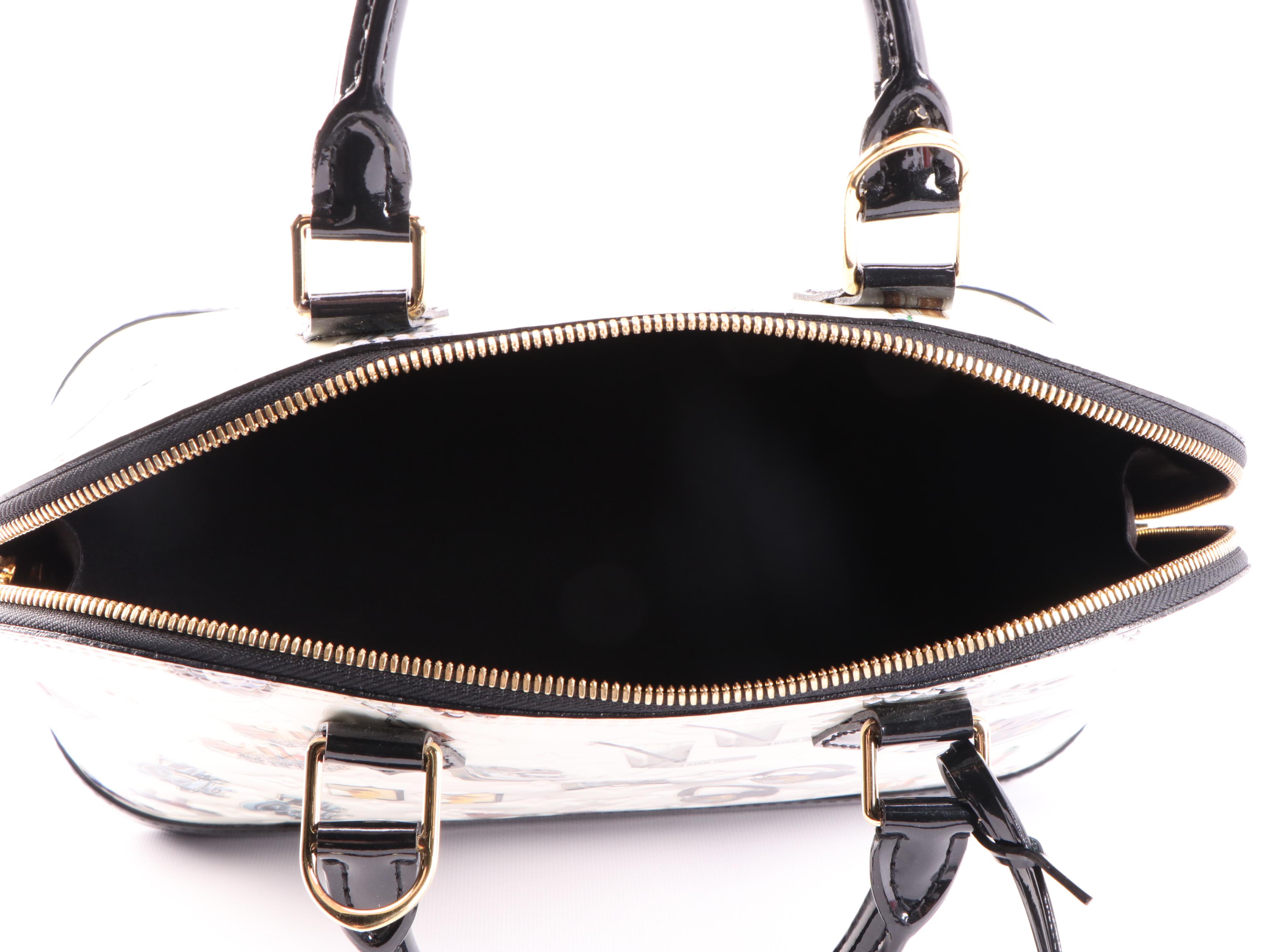 Louis Vuitton Alma PM Bag in White Monogram Vernis and Stickers with Black Trim