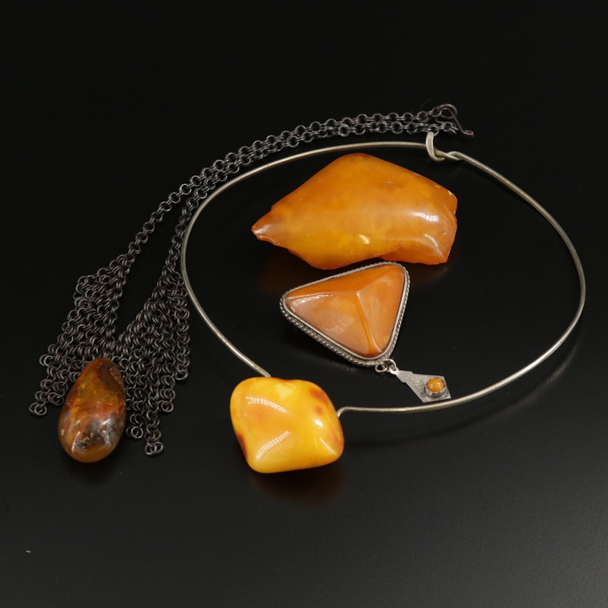 Mutton Fat Amber Necklaces and Brooches Including Sterling Accents