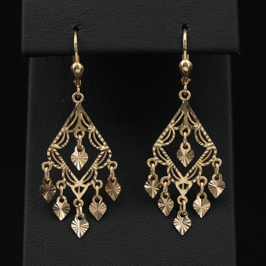 14K Yellow Gold Textured Chandelier Earrings