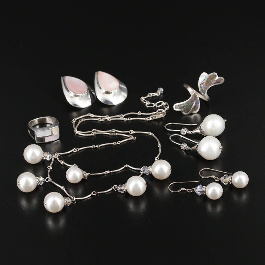 Sterling Silver Jewelry with Cultured Pearl, Abalone and Imitation Pearl