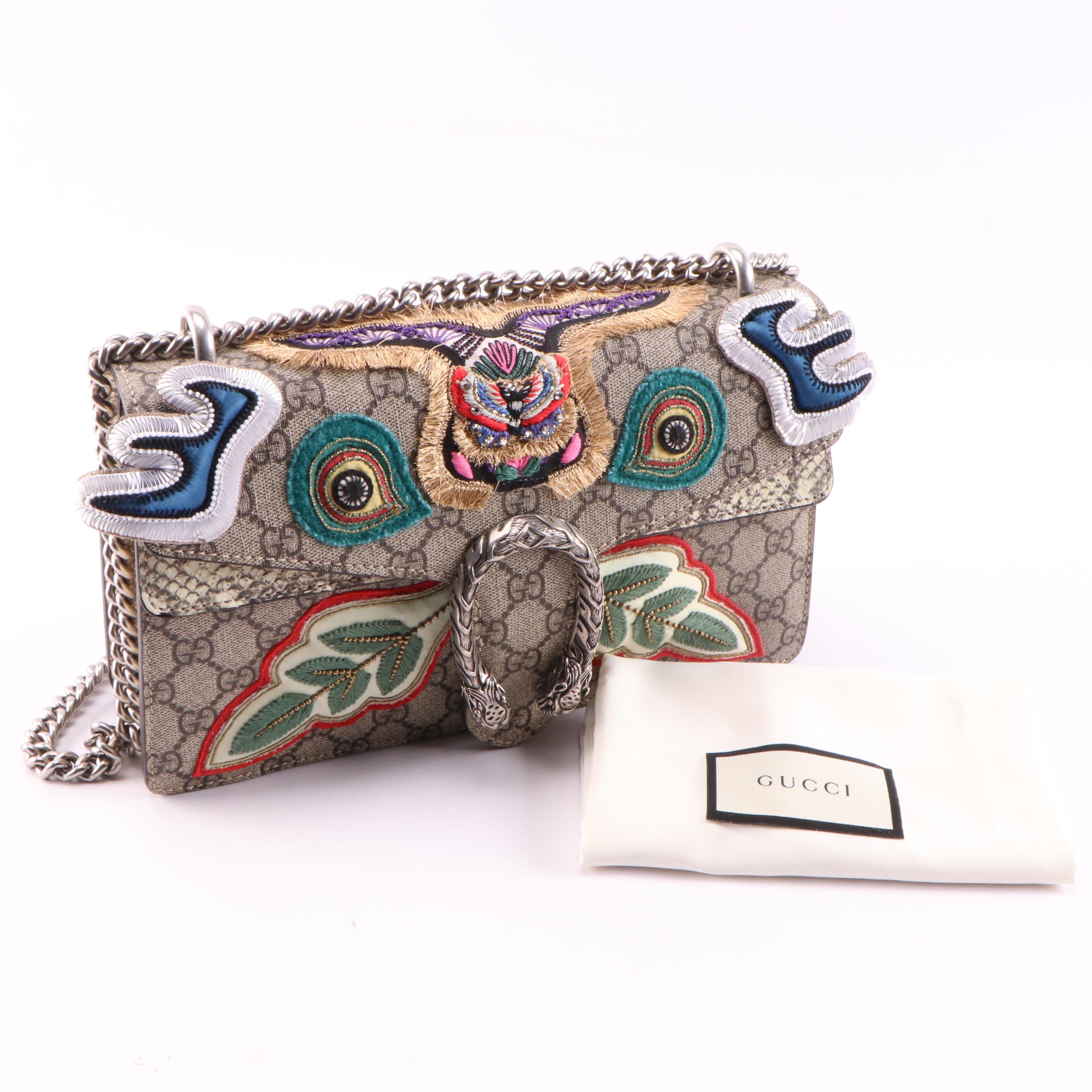 Gucci Embellished Dionysus Bag in GG Supreme Canvas and Python