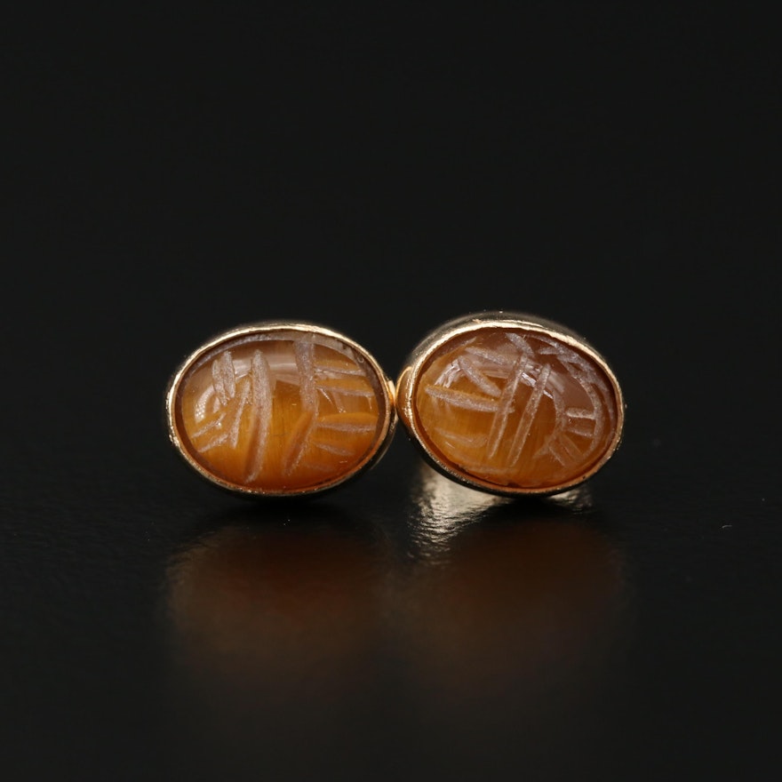 14K Gold Tiger's Eye Scarab Stud Earrings