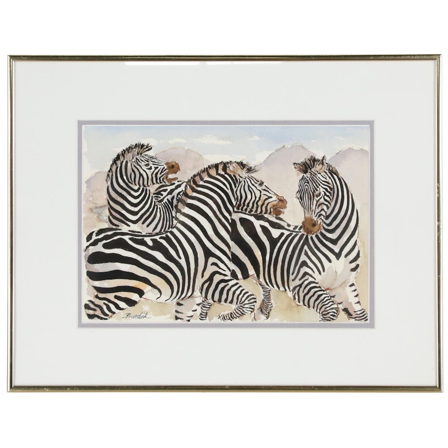 Charles Burdick Watercolor Painting "Three Zebras"