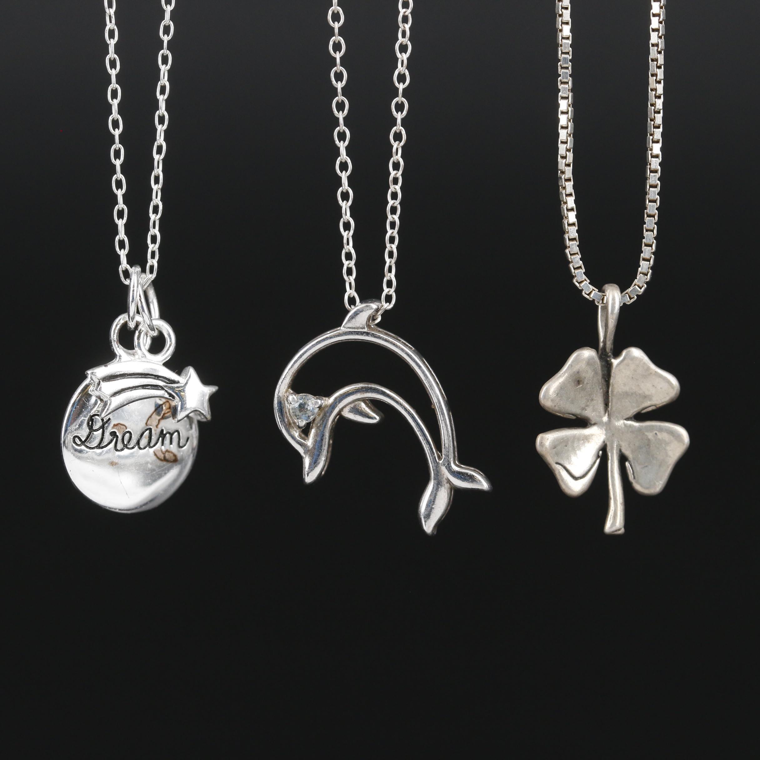 Collection of Sterling Necklaces with Dolphin and Four Leaf Clover Pendant