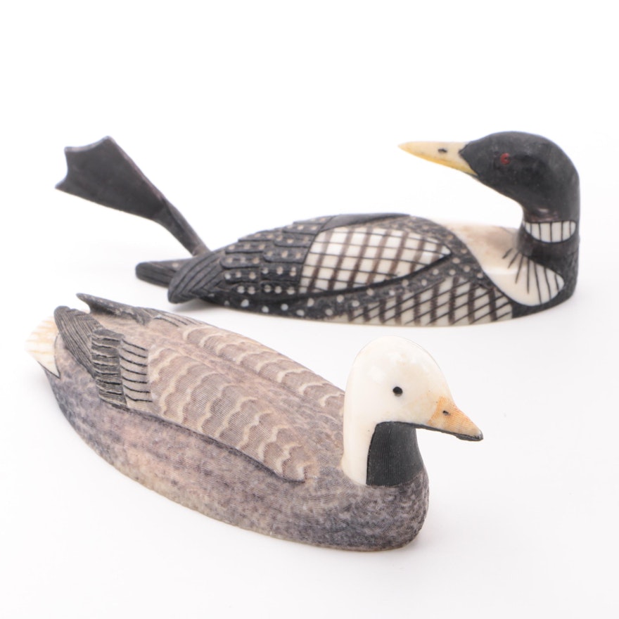 Fred Mayac Inuit Carved Walrus Ivory Emperor Goose and Yellow-Billed Loon