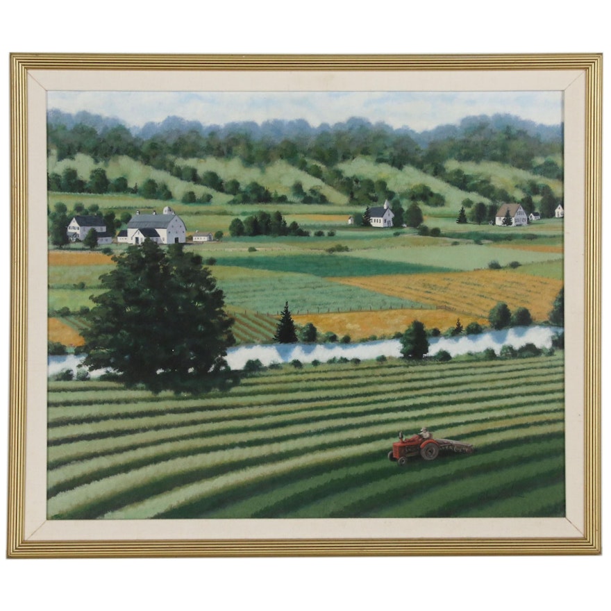 Rebecca Barker Farm Landscape Acrylic Folk Painting, 1994