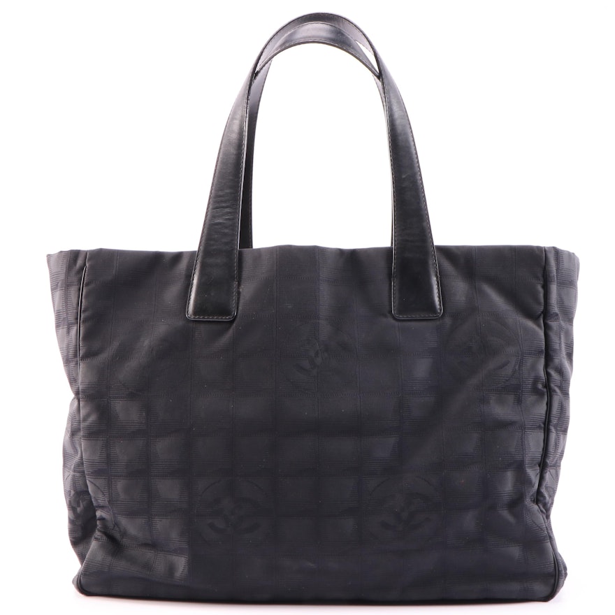 Chanel Travel Line Black Jacquard Tote Bag with Leather Trim