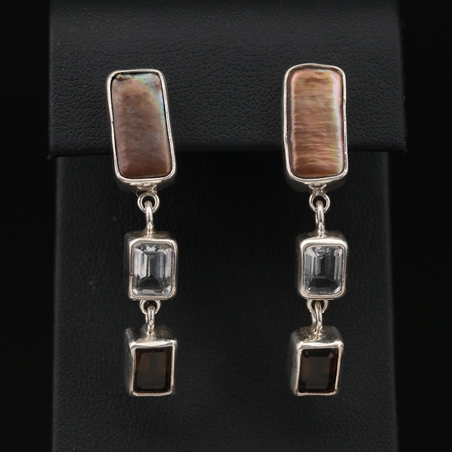 Echo of the Dreamer Sterling Pearl, Smoky Quartz and Topaz Dangle Earrings