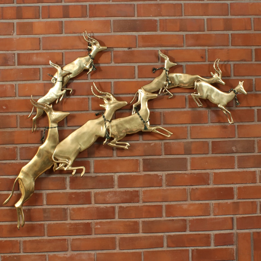 Brass Leaping Antelopes Wall Sculpture