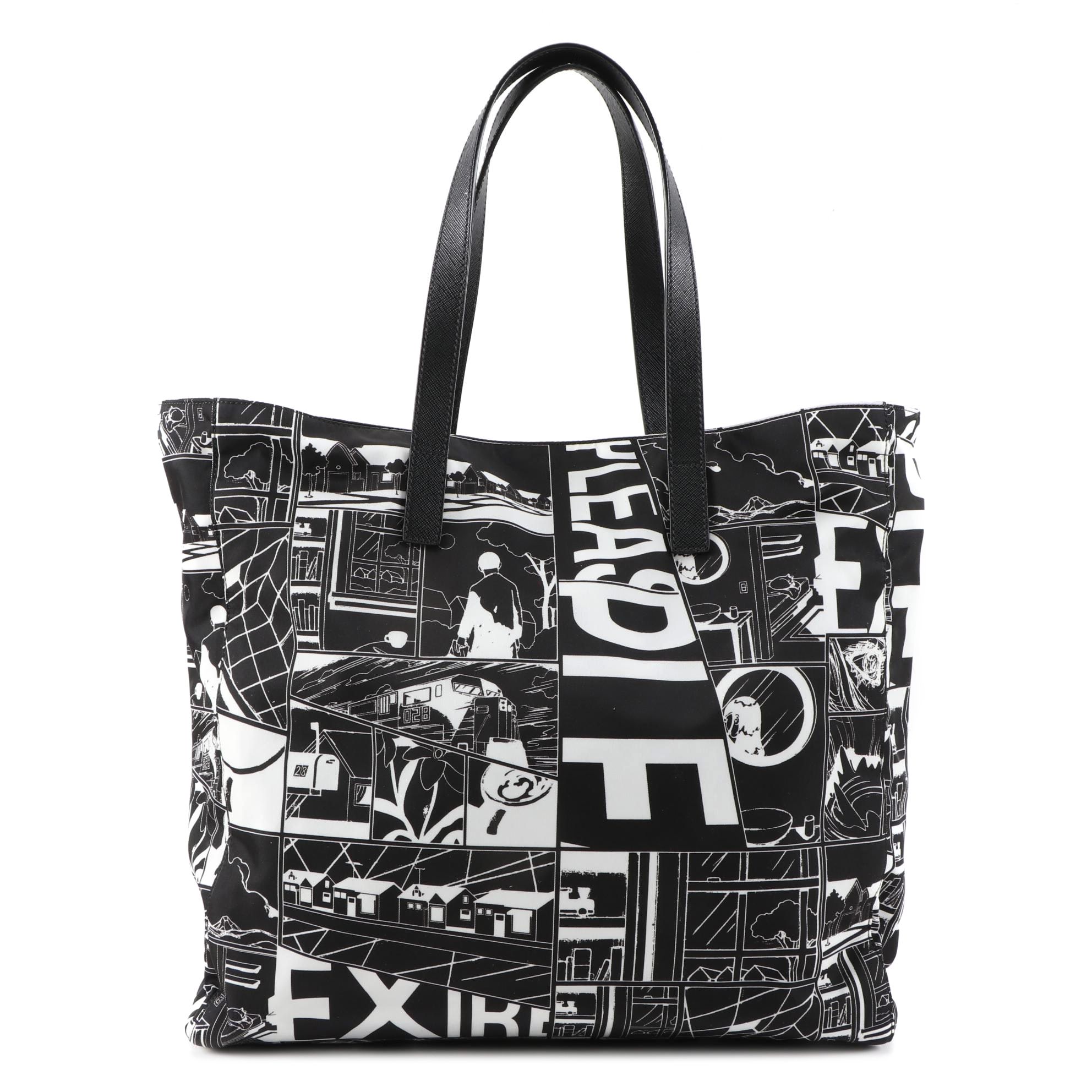 Prada Comic Print Tote Bag in Black and White Tessuto Nylon and Saffiano Leather