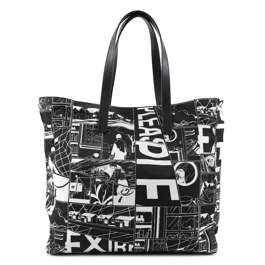 Prada Comic Print Tote Bag in Black and White Tessuto Nylon and Saffiano Leather