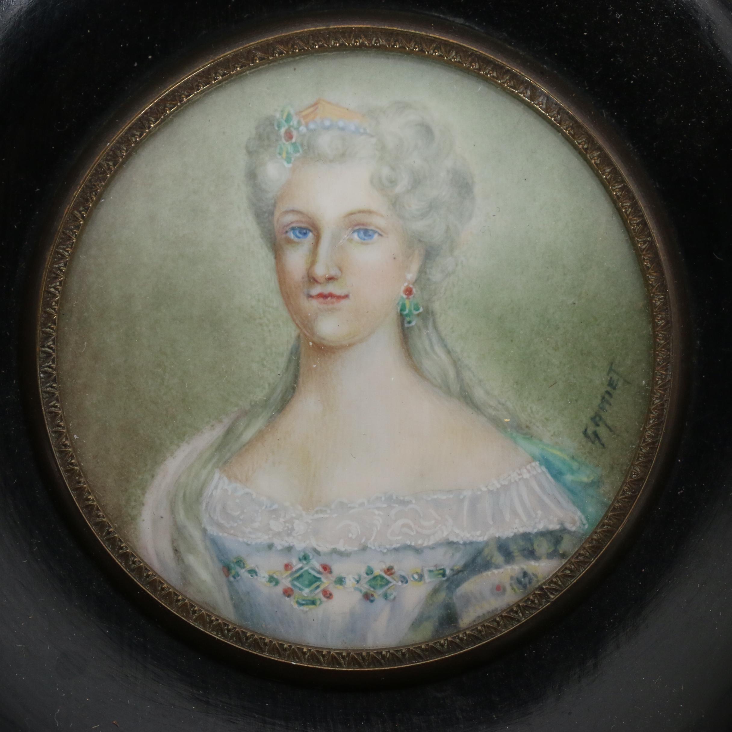 Gamet French School Hand-Painted Miniature Portrait on Resin, Early 20th Century