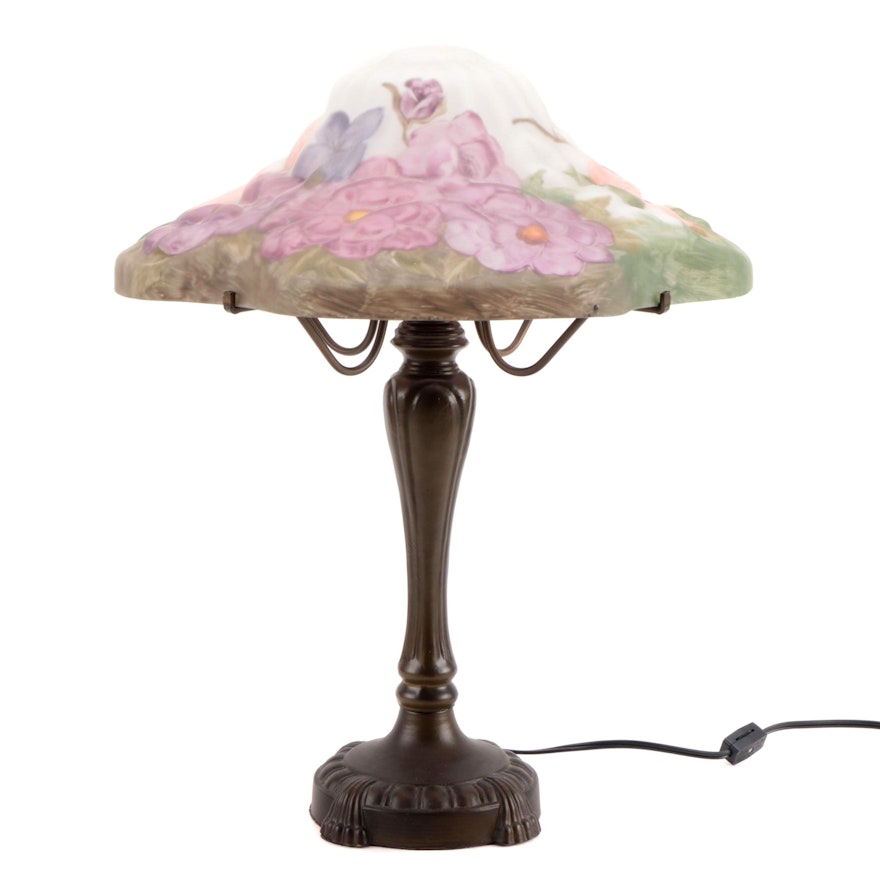 Painted Glass Shade and Bronze-Finish Base Table Lamp