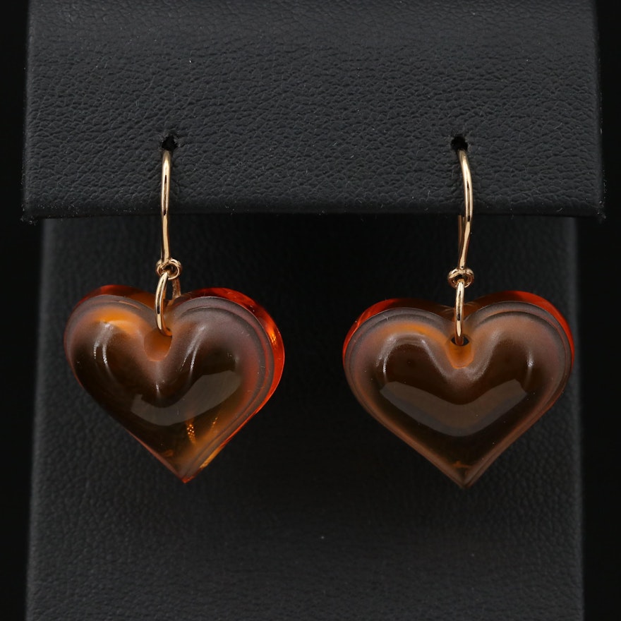 Lalique Orange Glass Heart Earrings