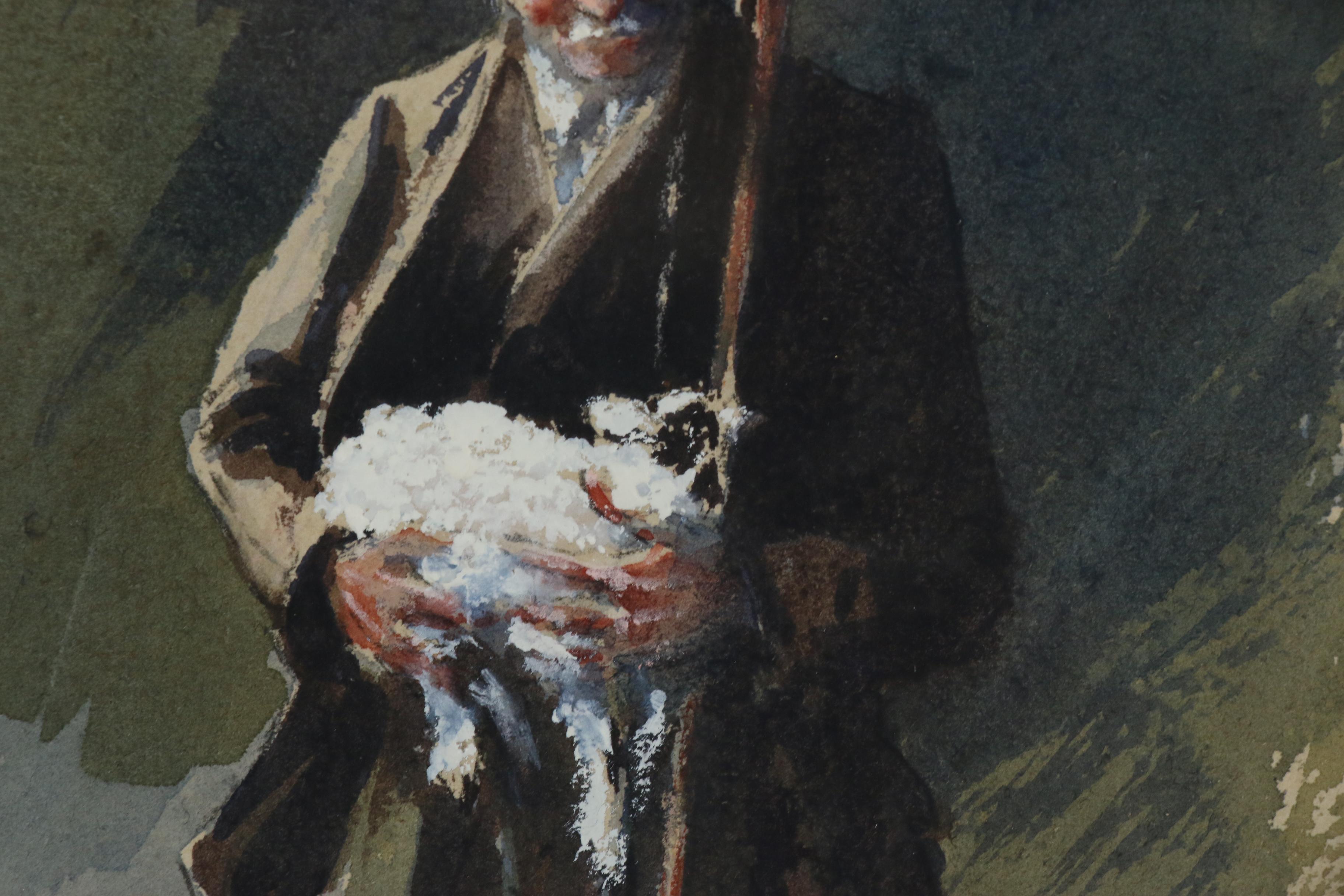 Brian Irving Embellished Watercolor of a Man, Late 20th Century