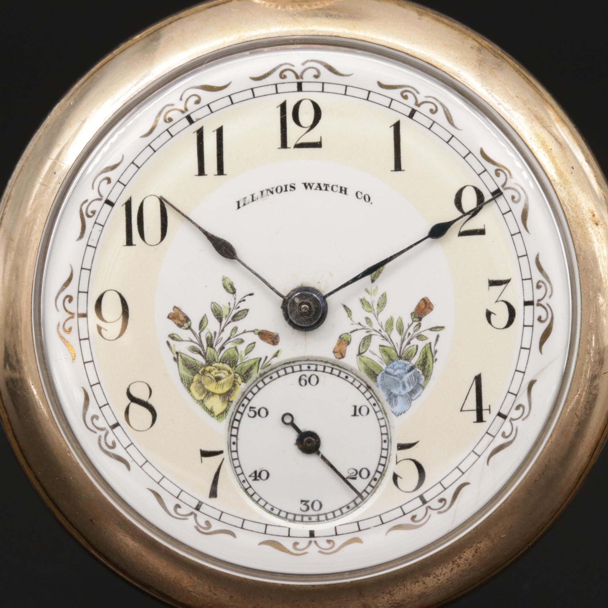 Illinois Gold Filled Open Face Pocket Watch,  Antique