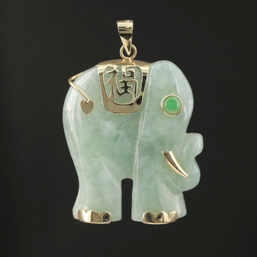 14K Carved Jadeite "Good Fortune" Elephant Pendant