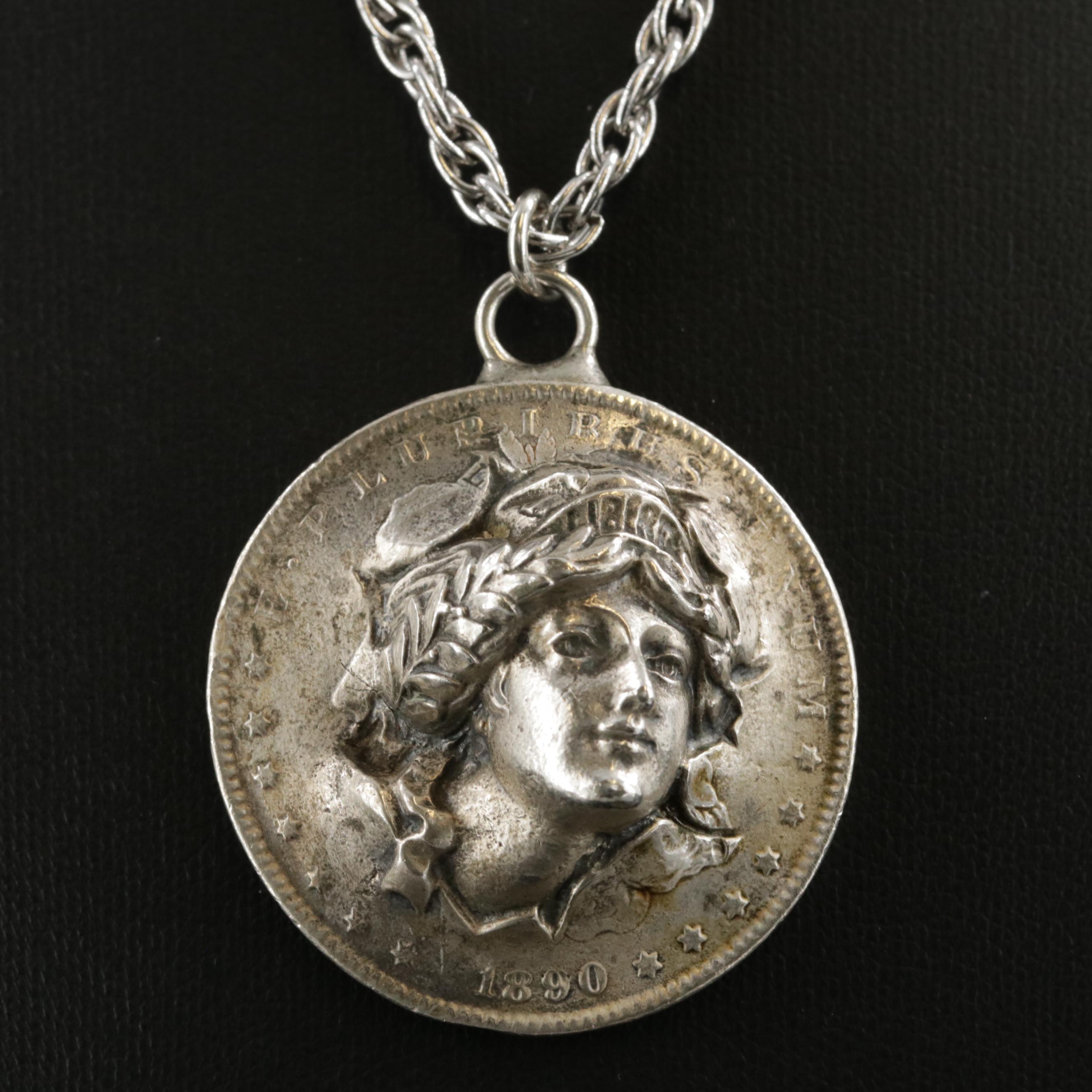 Repoussé "Pop-Out" 1890 Morgan Silver Dollar Pendant with Sterling Necklace