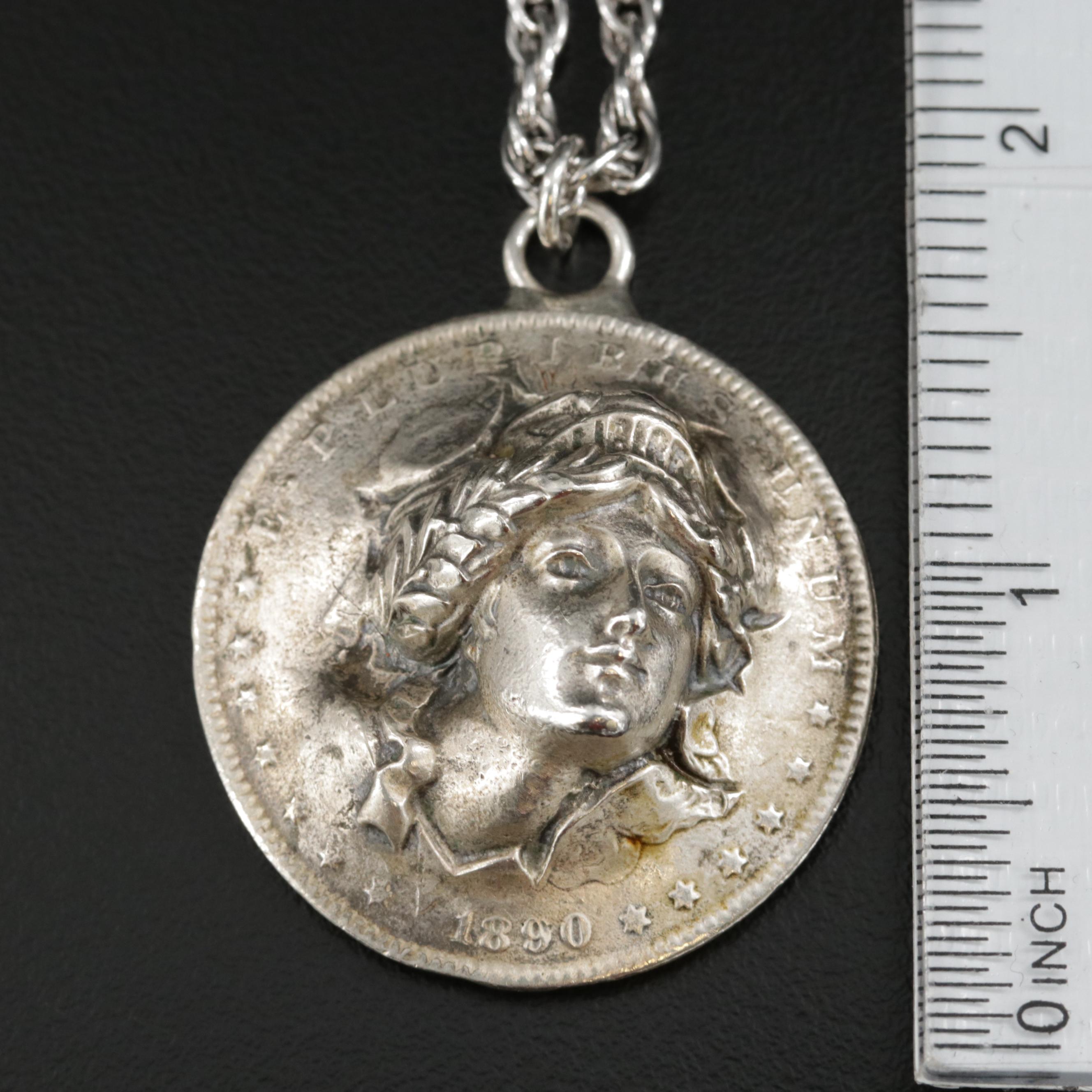 Repoussé "Pop-Out" 1890 Morgan Silver Dollar Pendant with Sterling Necklace