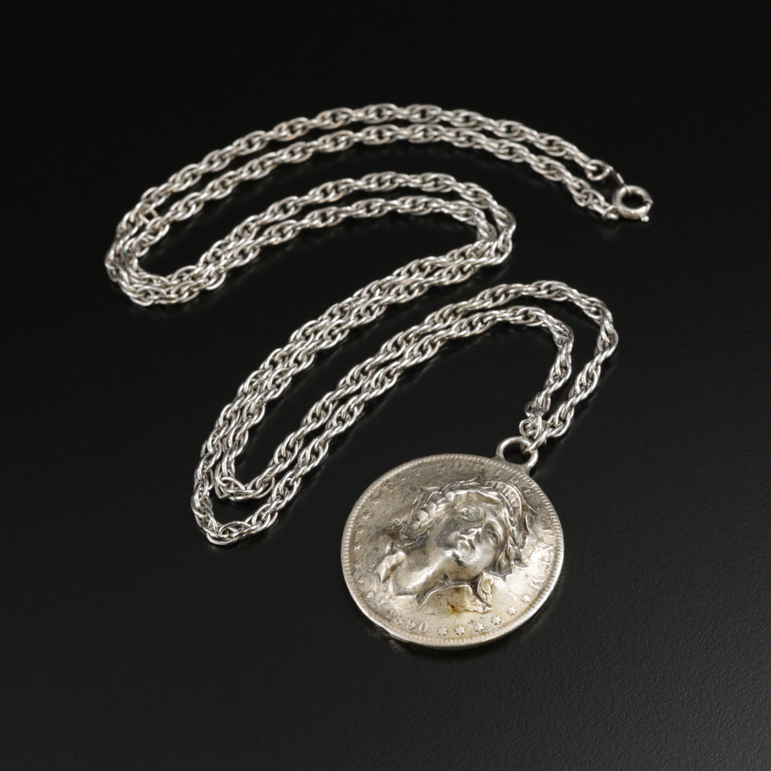 Repoussé "Pop-Out" 1890 Morgan Silver Dollar Pendant with Sterling Necklace