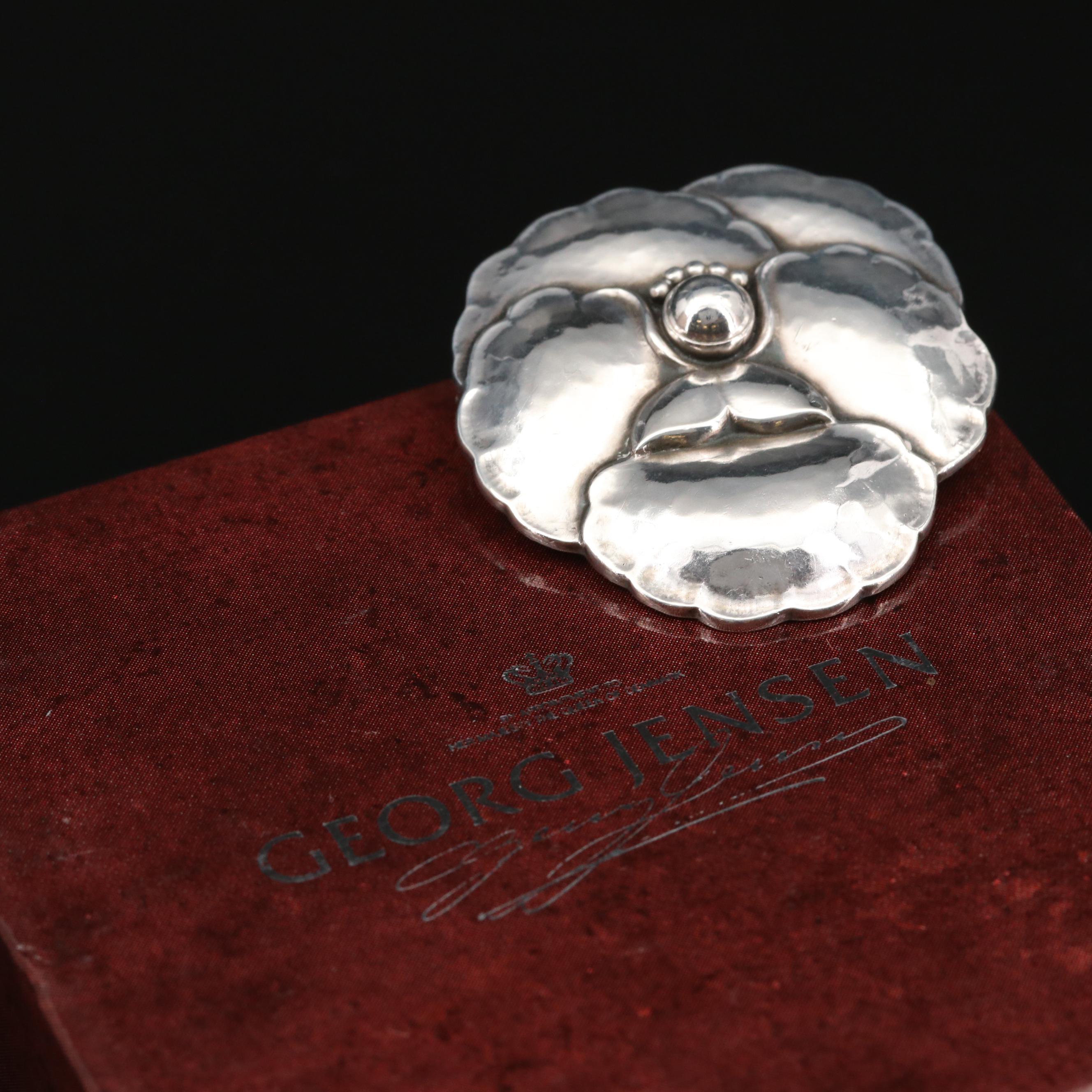 Vintage Georg Jensen Sterling Pansy Brooch with Presentation Box