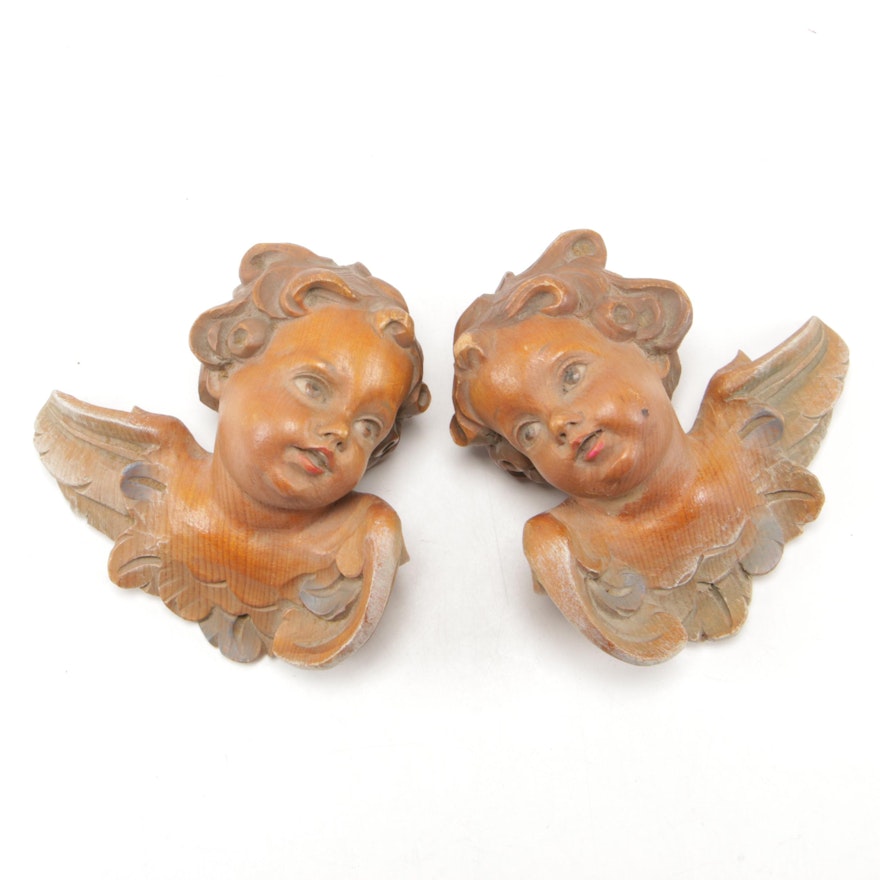 Pair of Carved Wood Cherub Figurines