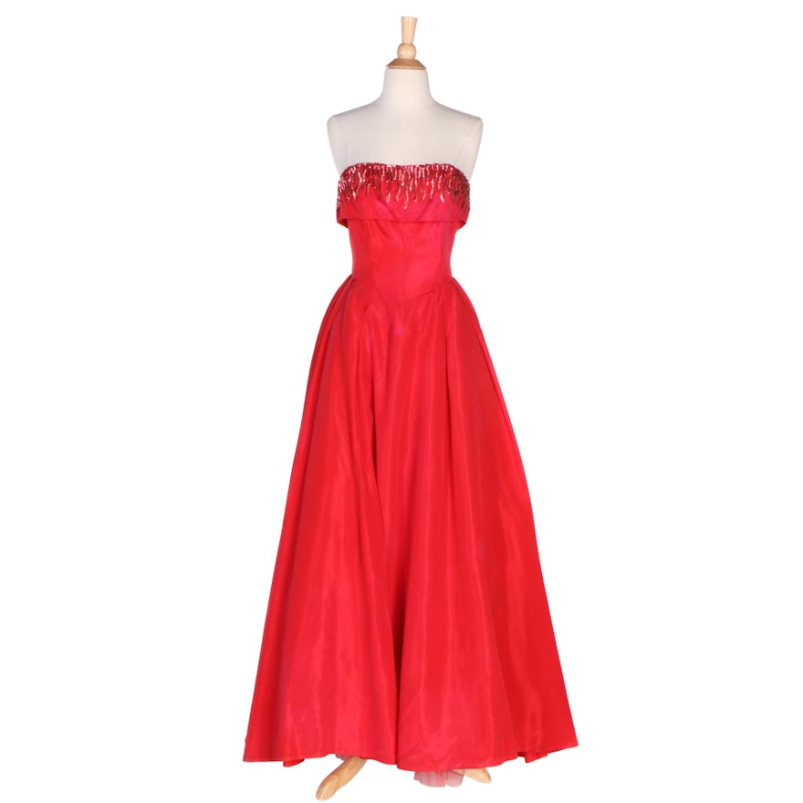 Red Strapless Formal Gown with Sequin Embellished Bodice