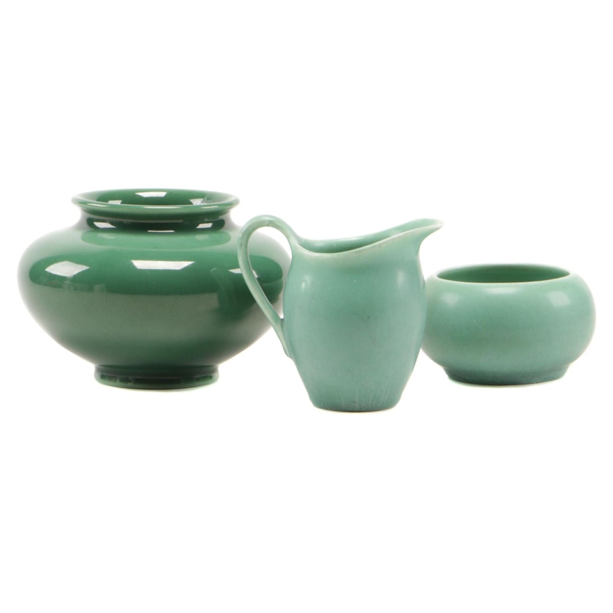 Rookwood Pottery Green High Gloss Vase with Matte Glaze Creamer and Sugar Bowl