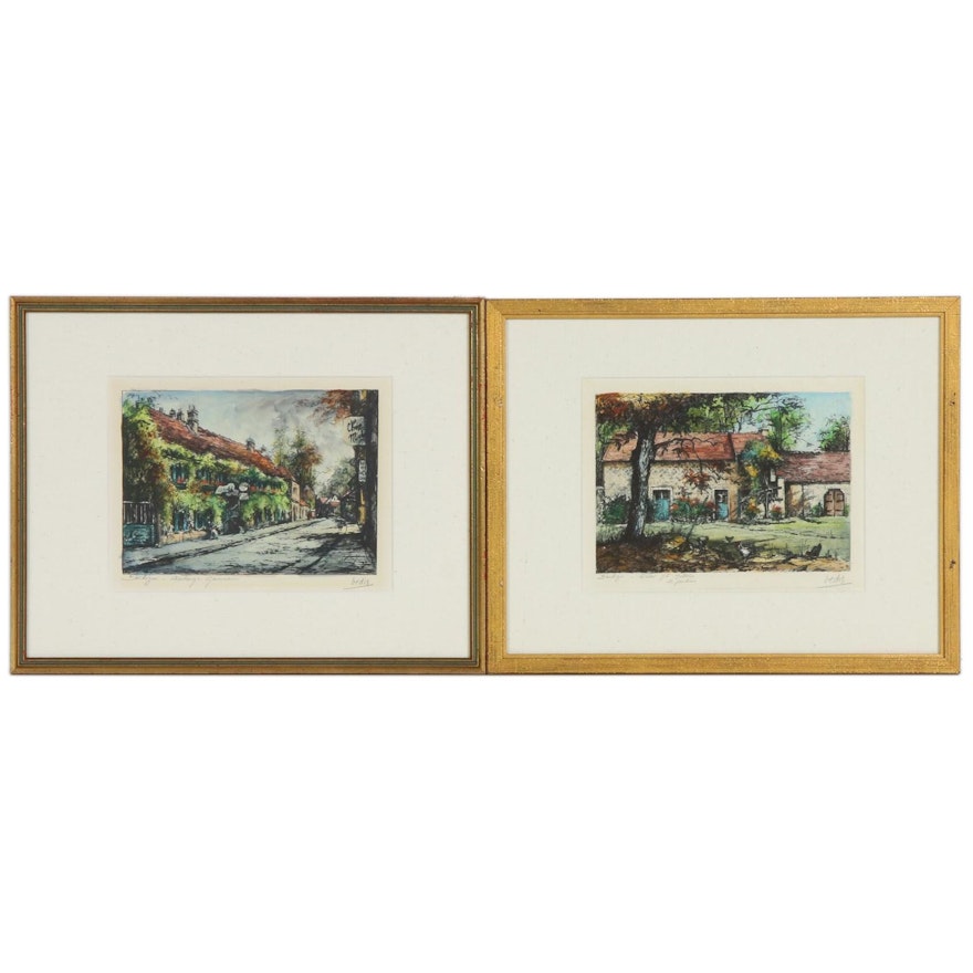 Eugene Veder Hand-Colored Etchings of Barbizon, France, Early 20th Century