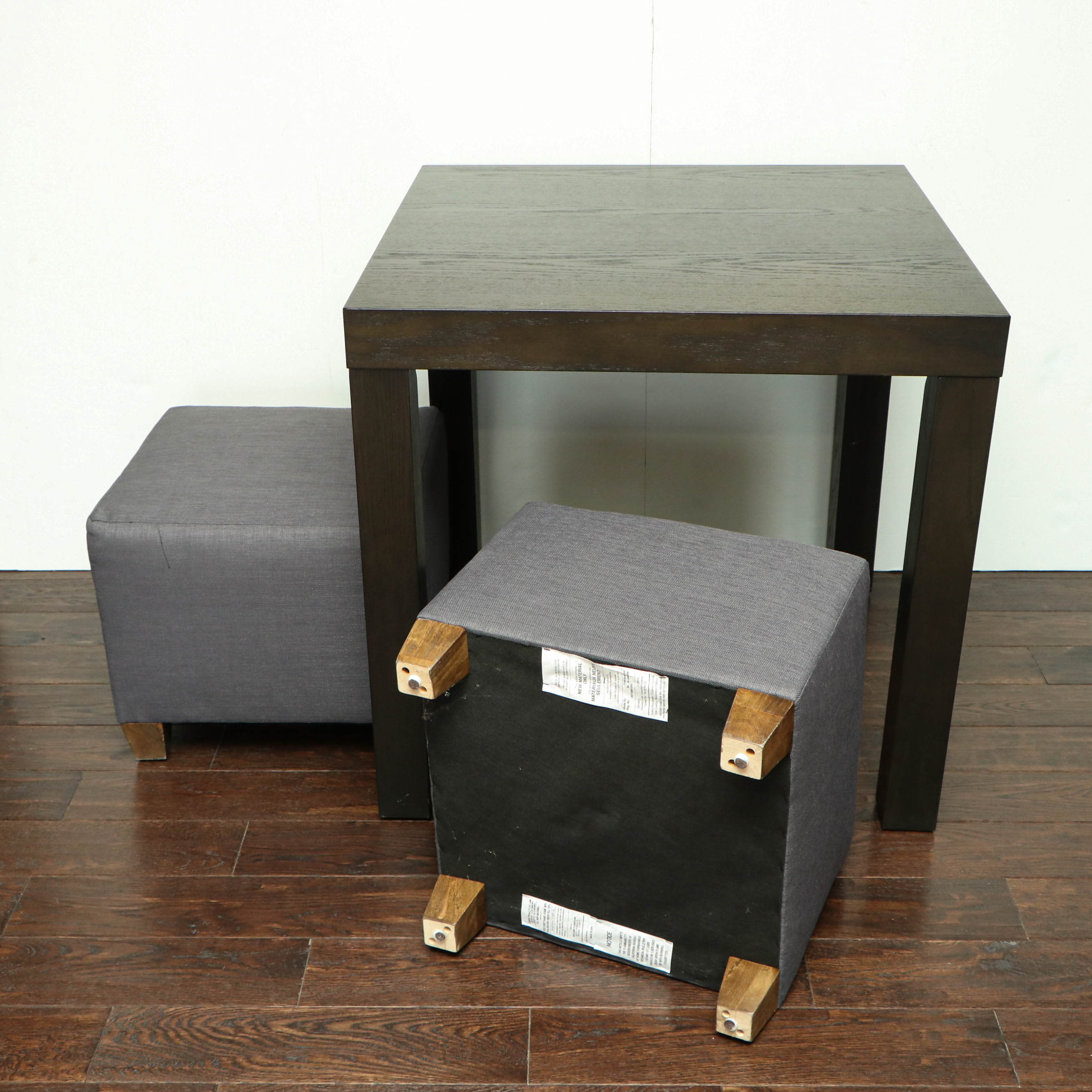 West Elm Breakfast Table in Espresso with Grey Upholstered Ottomans