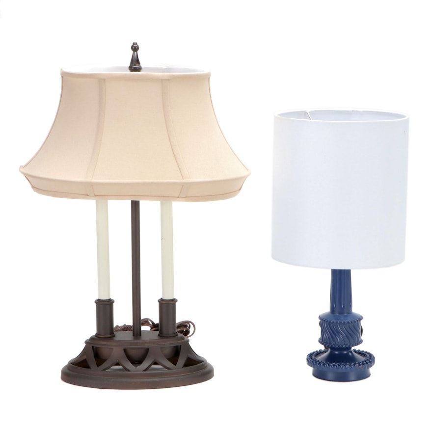Two Arm Bouillotte Style Lamp with Hobnail Style Lamp