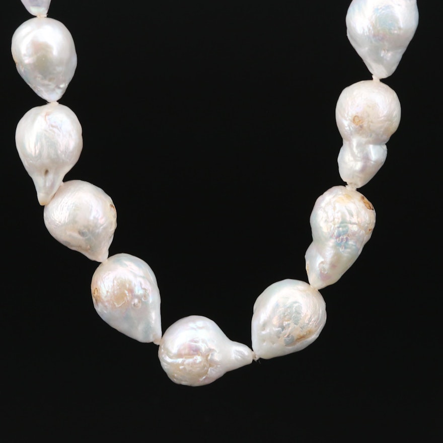 Hand Knotted Cultured Pearl Strand Necklace with 14K Yellow Gold Clasp