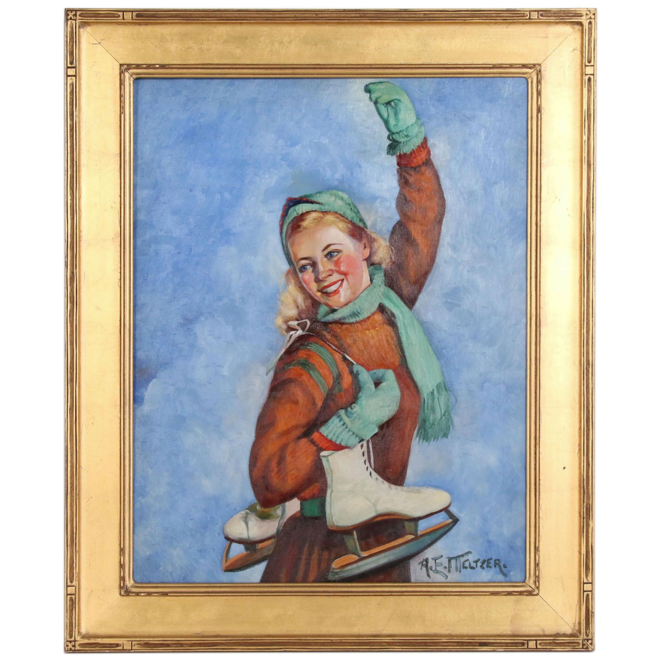 Anna Elkan Meltzer Genre Oil Painting of Ice Skater