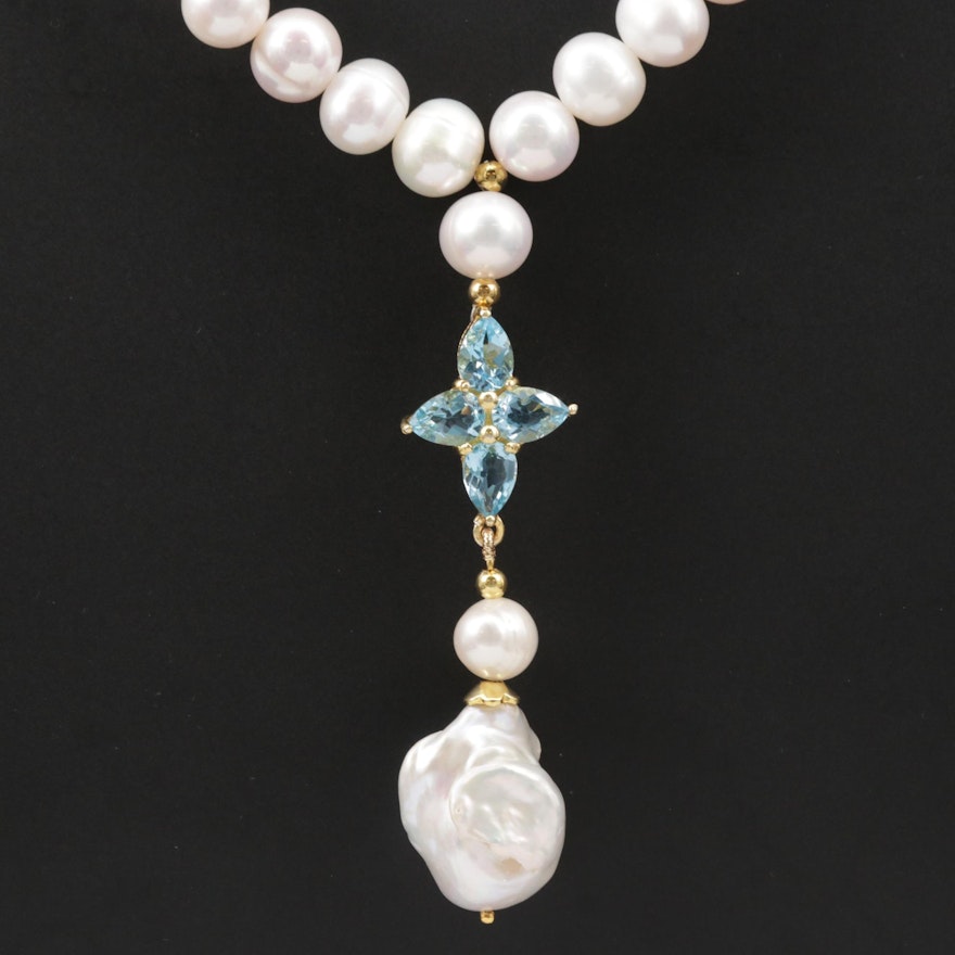 Pearl and Blue Topaz Necklace with Sterling Silver Clasp