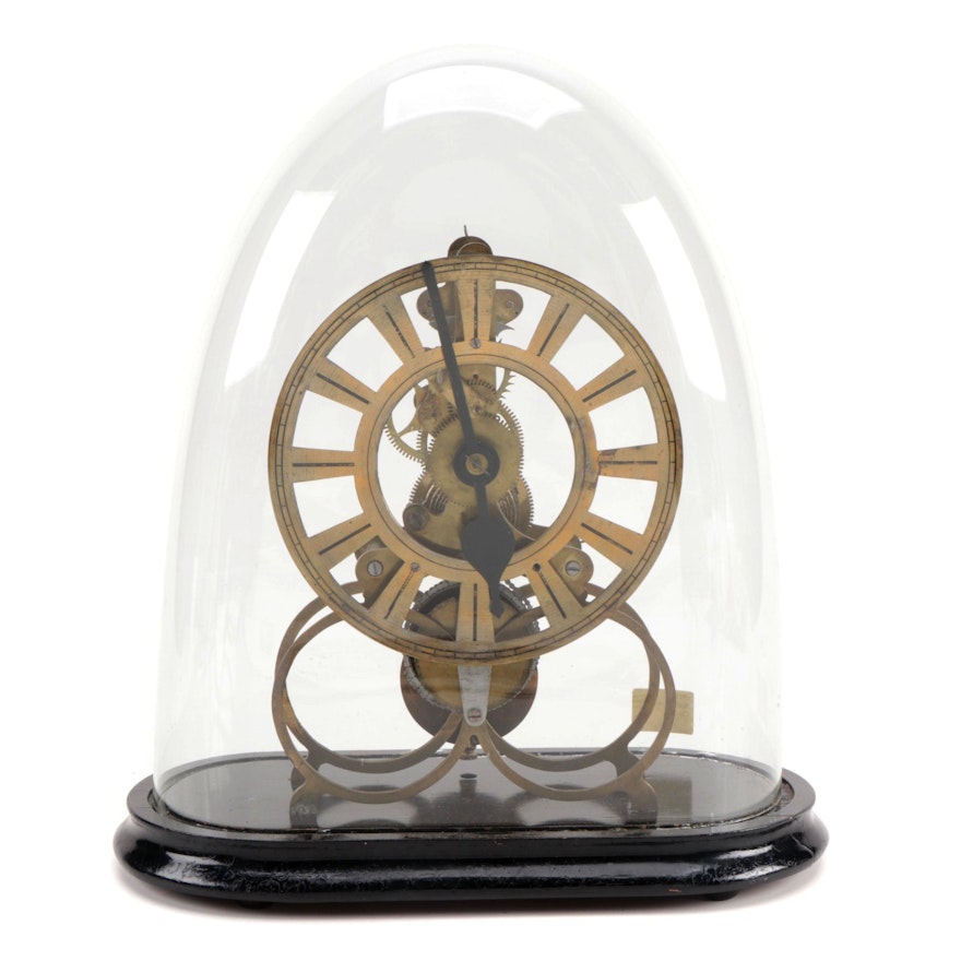 French Industrial Skeleton Clock on Wooden Stand with Protective Glass Dome
