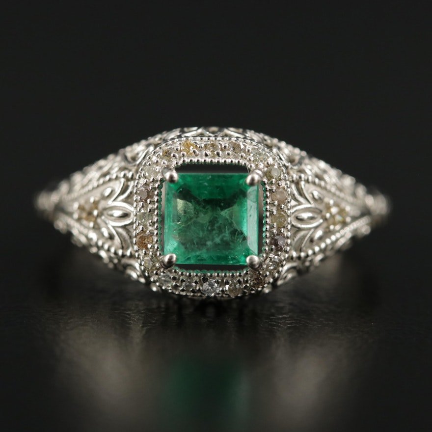 Art Deco 14K Emerald and Diamond Ring