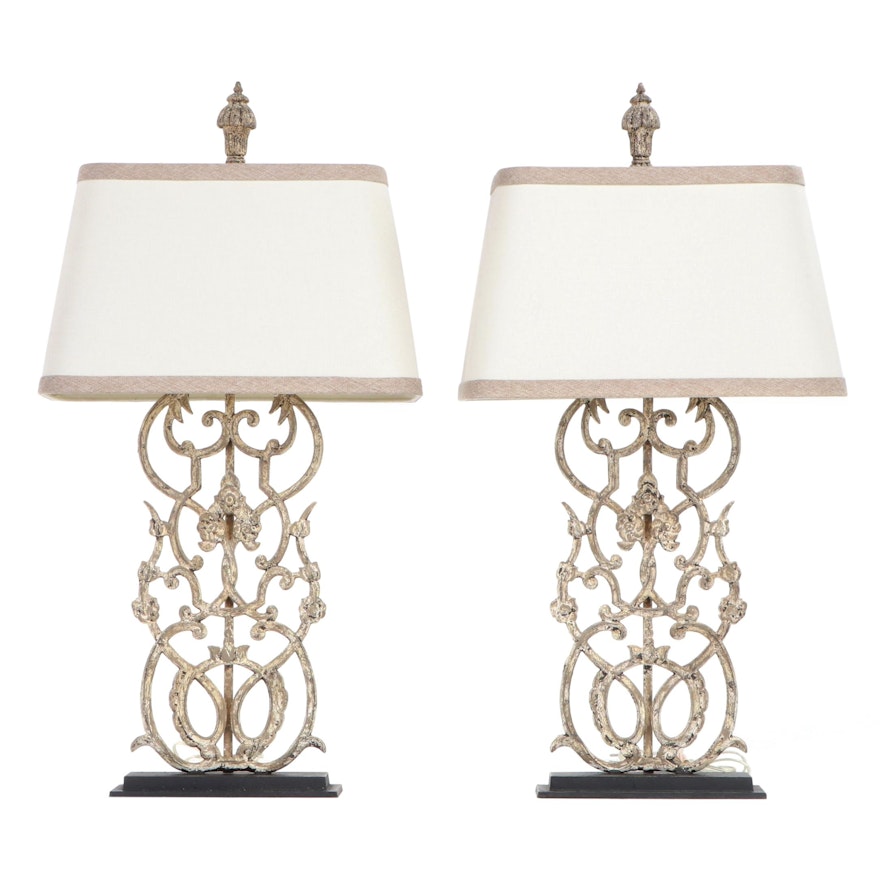 Pair of White Wrought Metal Table Lamps with Fabric Shades