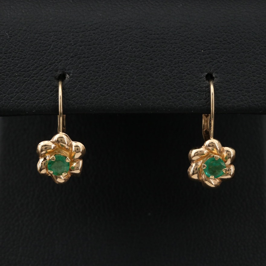 14K Yellow Gold Emerald Floral Drop Earrings