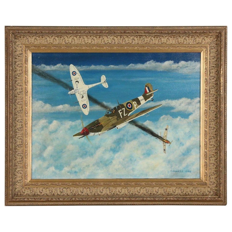 Tom Canakes Oil Painting of Dogfight, 1973