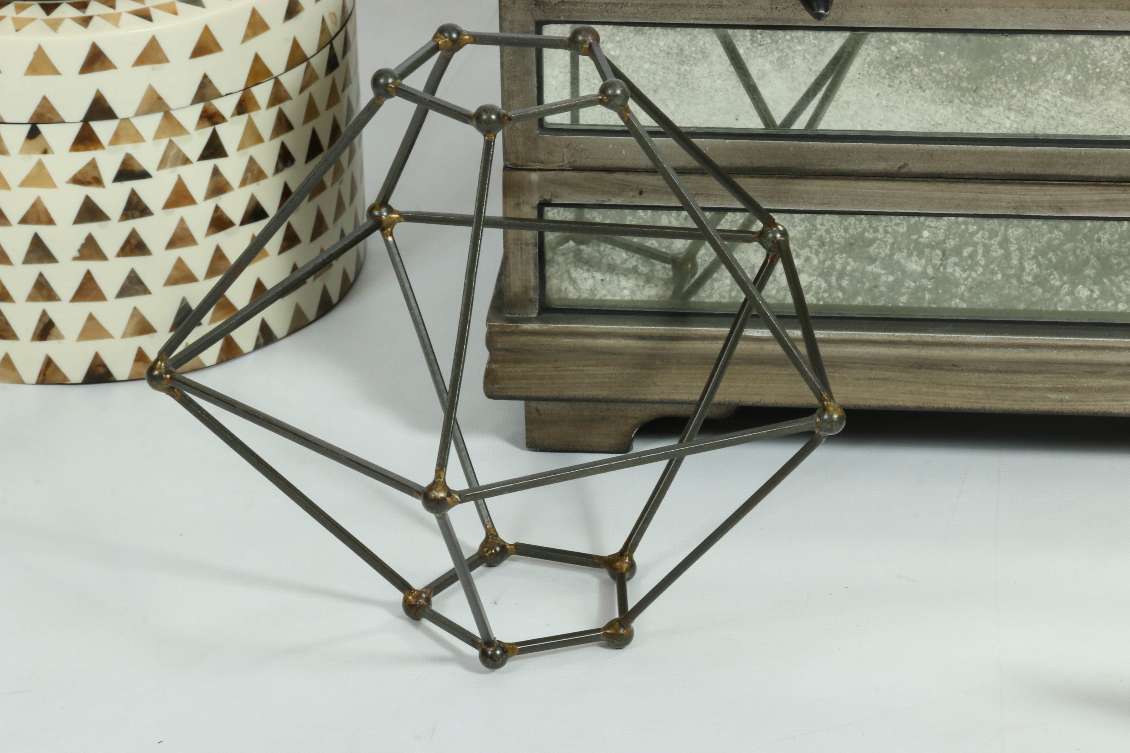 Modern Decor Including Mirrored Dresser Box, Inlaid Containers & Polished Horns