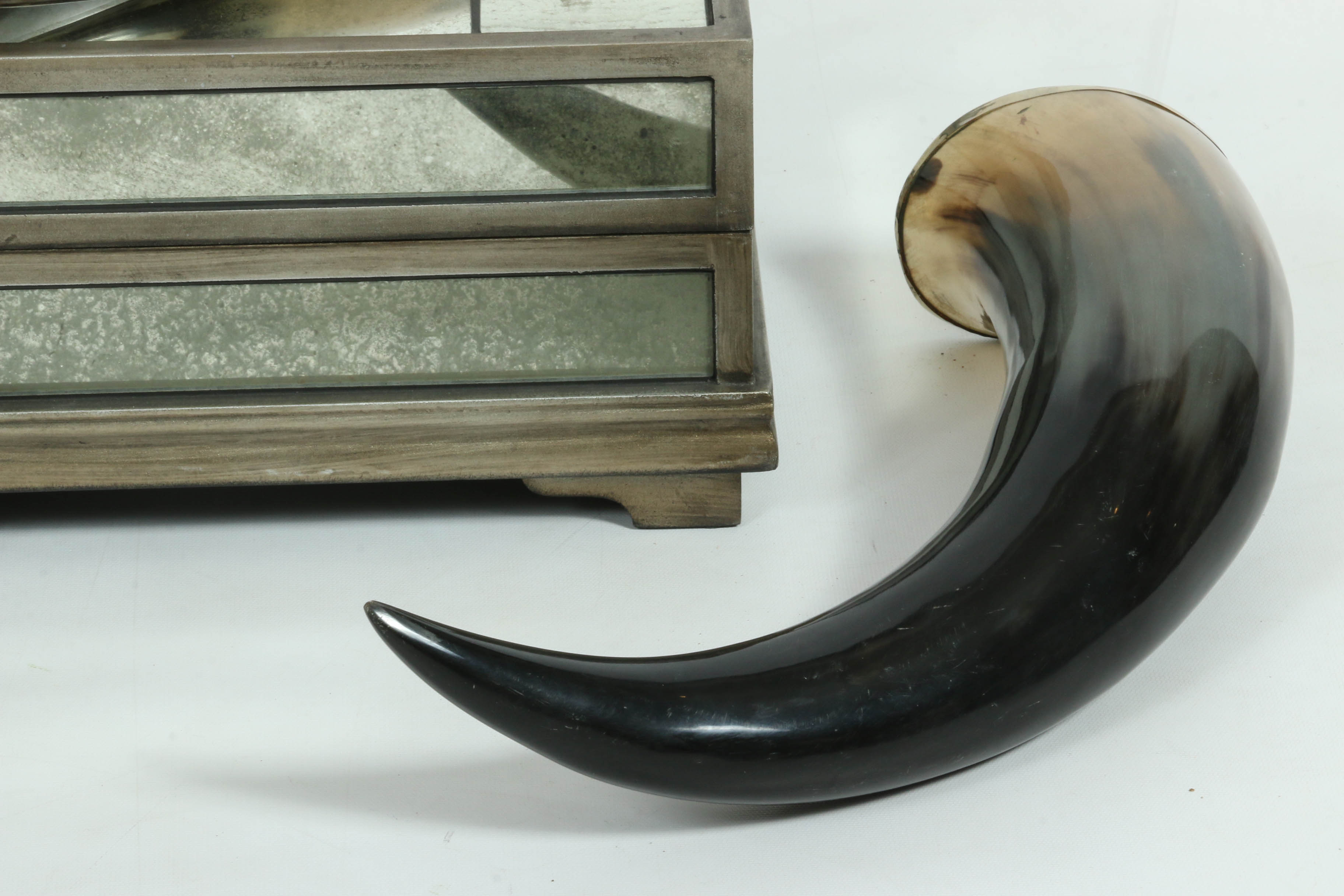 Modern Decor Including Mirrored Dresser Box, Inlaid Containers & Polished Horns