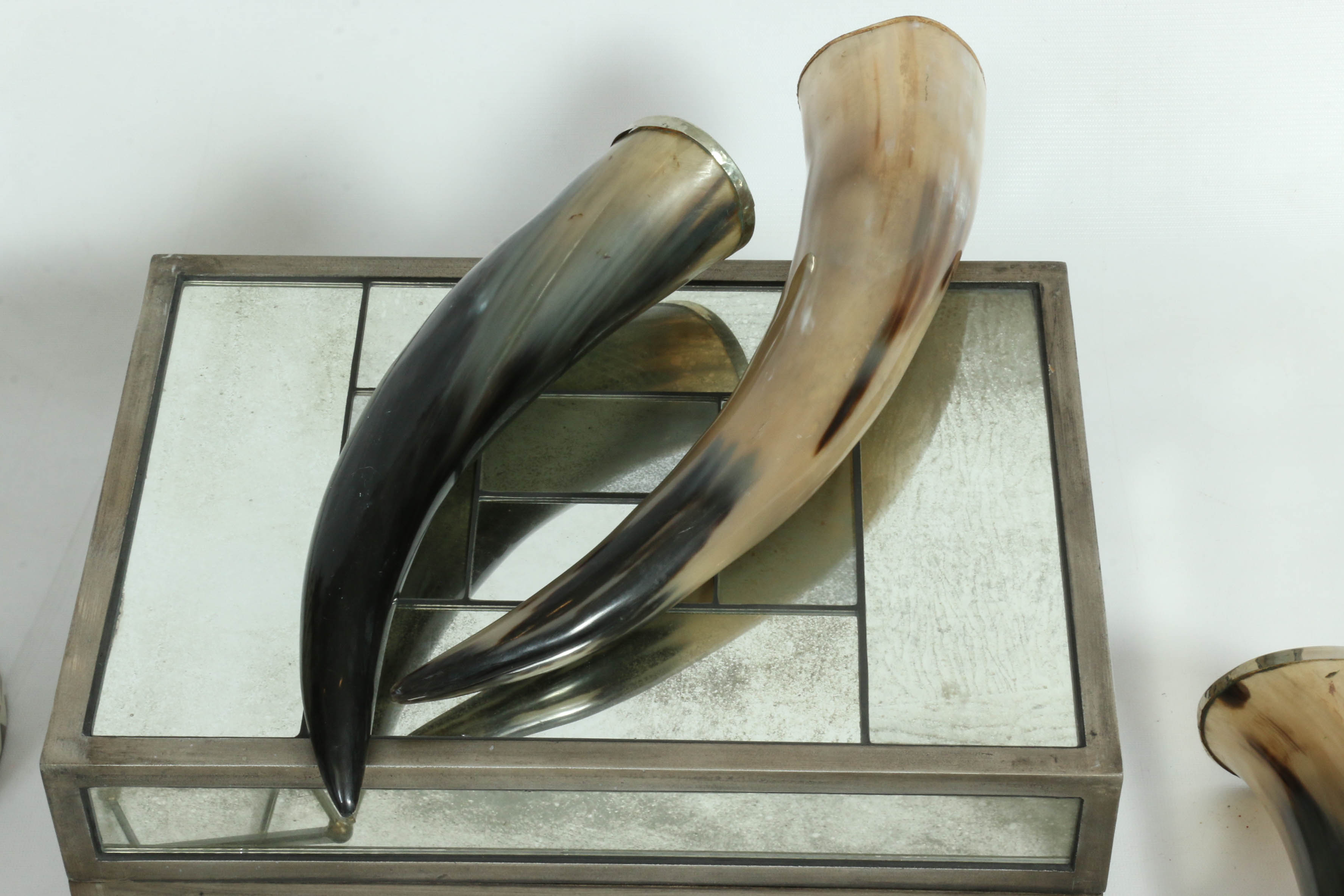 Modern Decor Including Mirrored Dresser Box, Inlaid Containers & Polished Horns