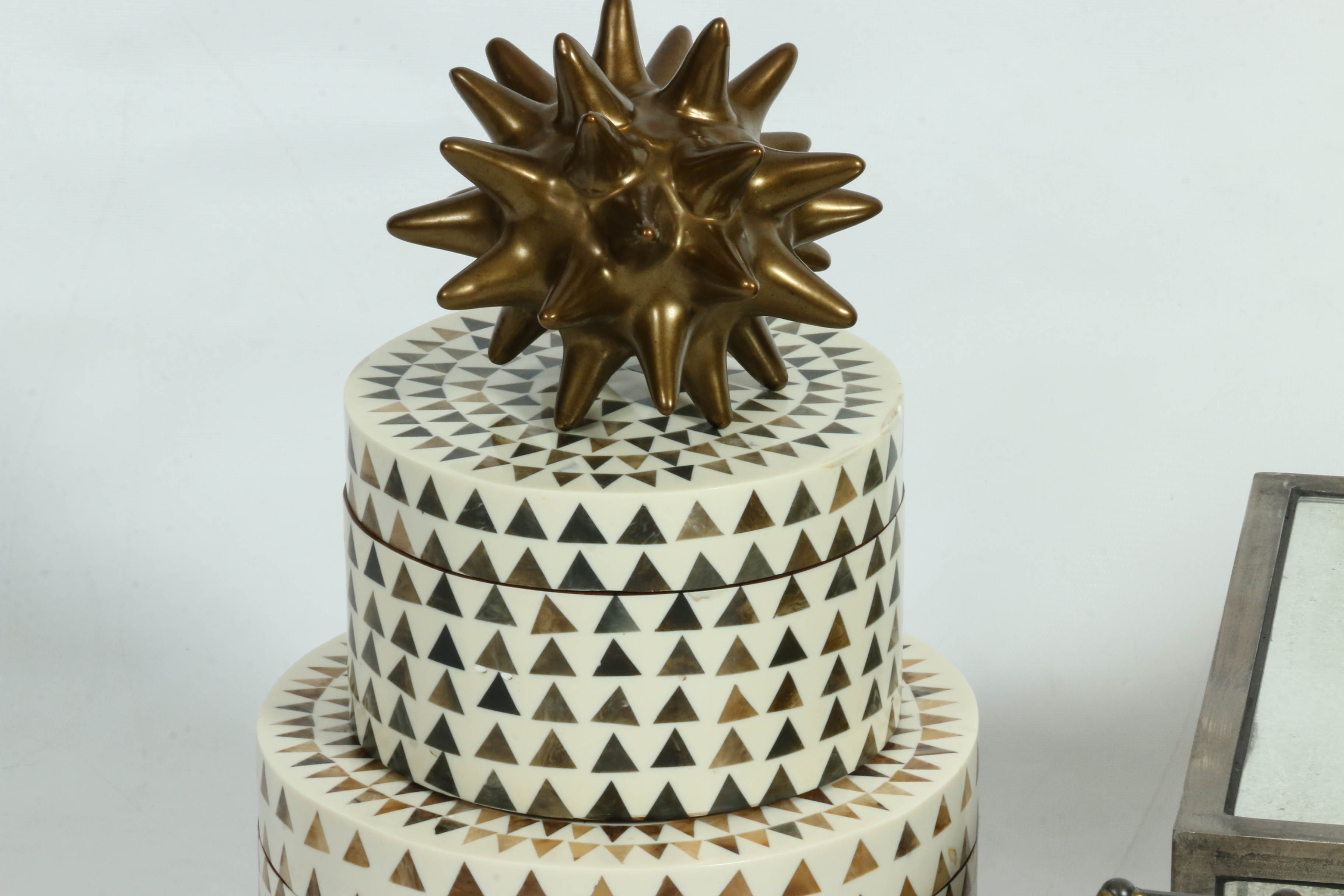 Modern Decor Including Mirrored Dresser Box, Inlaid Containers & Polished Horns