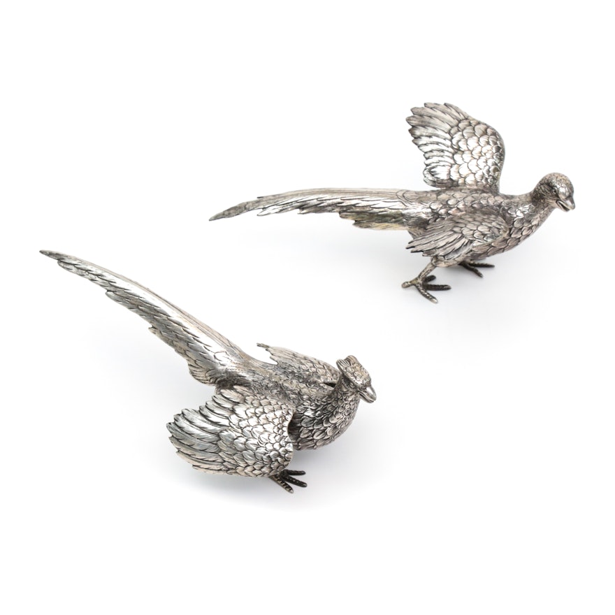 Pair of German Weighted Sterling Silver Figural Pheasants