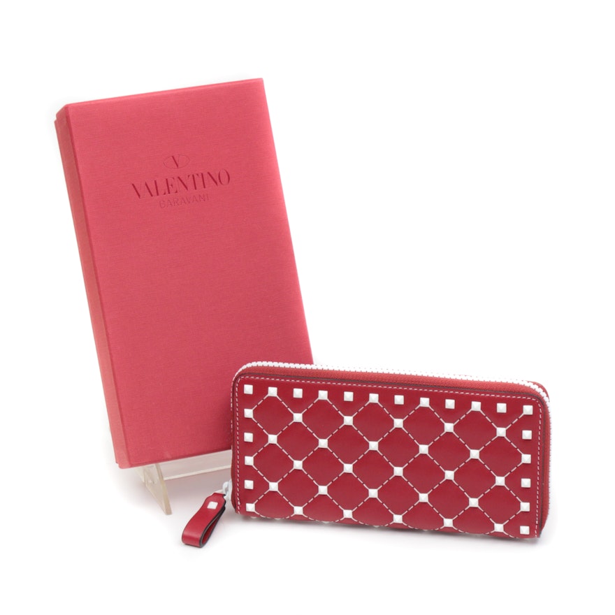 Valentino Garavani Studded Grid Red Leather Zip-Around Wallet with White Accents