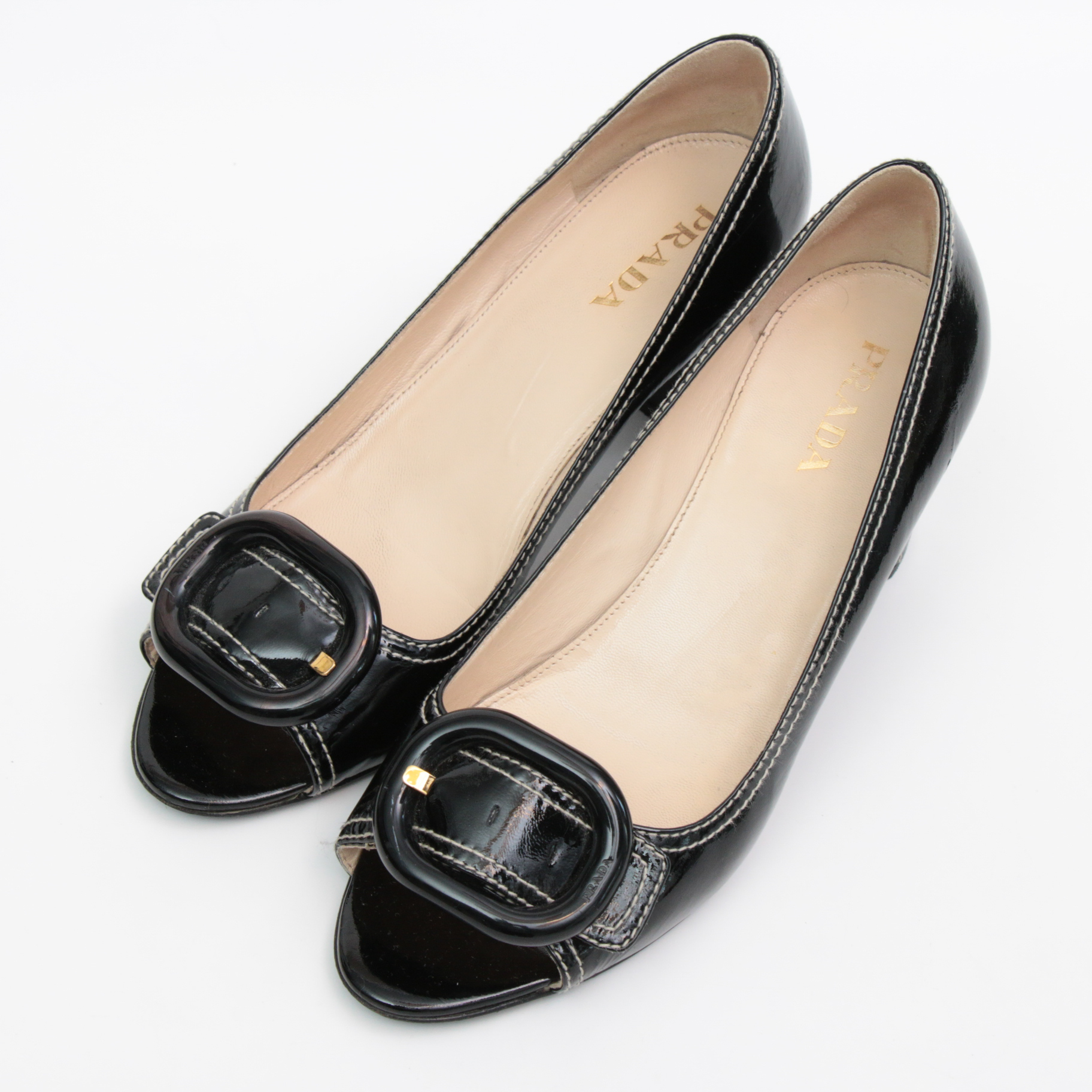 Prada Black Patent Leather Peep-Toe Block Heel Pumps with Contrast Stitching