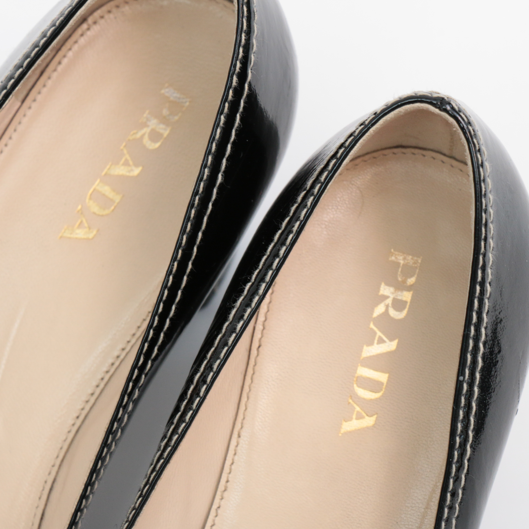 Prada Black Patent Leather Peep-Toe Block Heel Pumps with Contrast Stitching