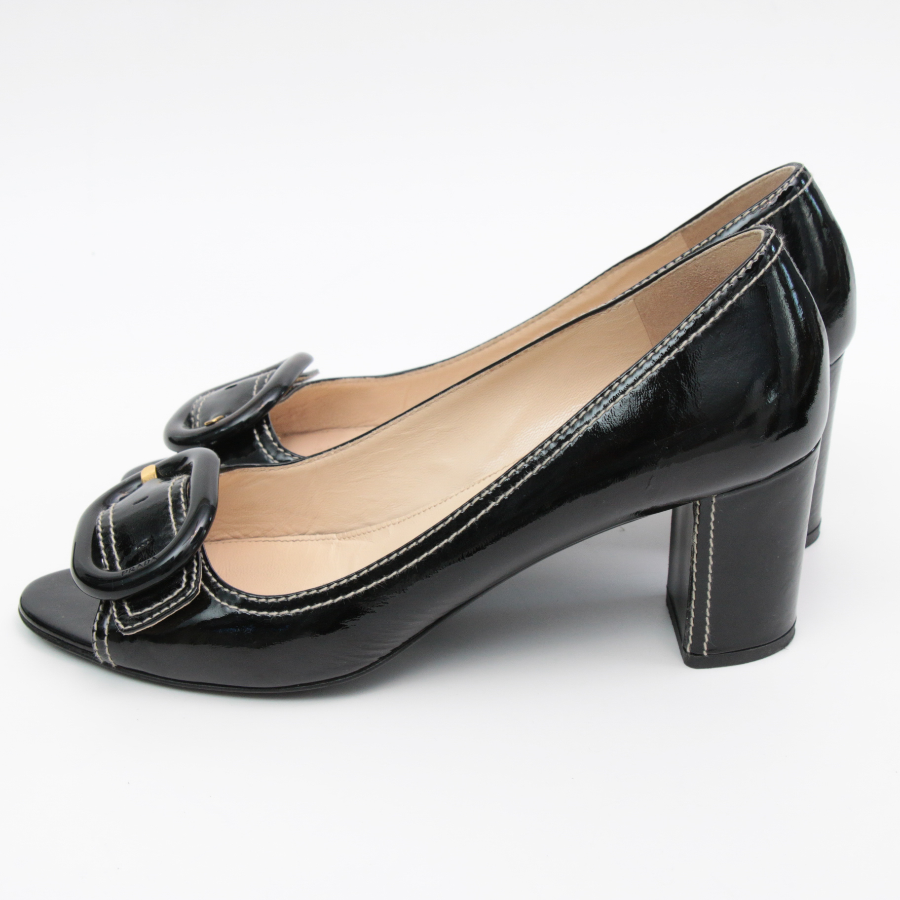 Prada Black Patent Leather Peep-Toe Block Heel Pumps with Contrast Stitching